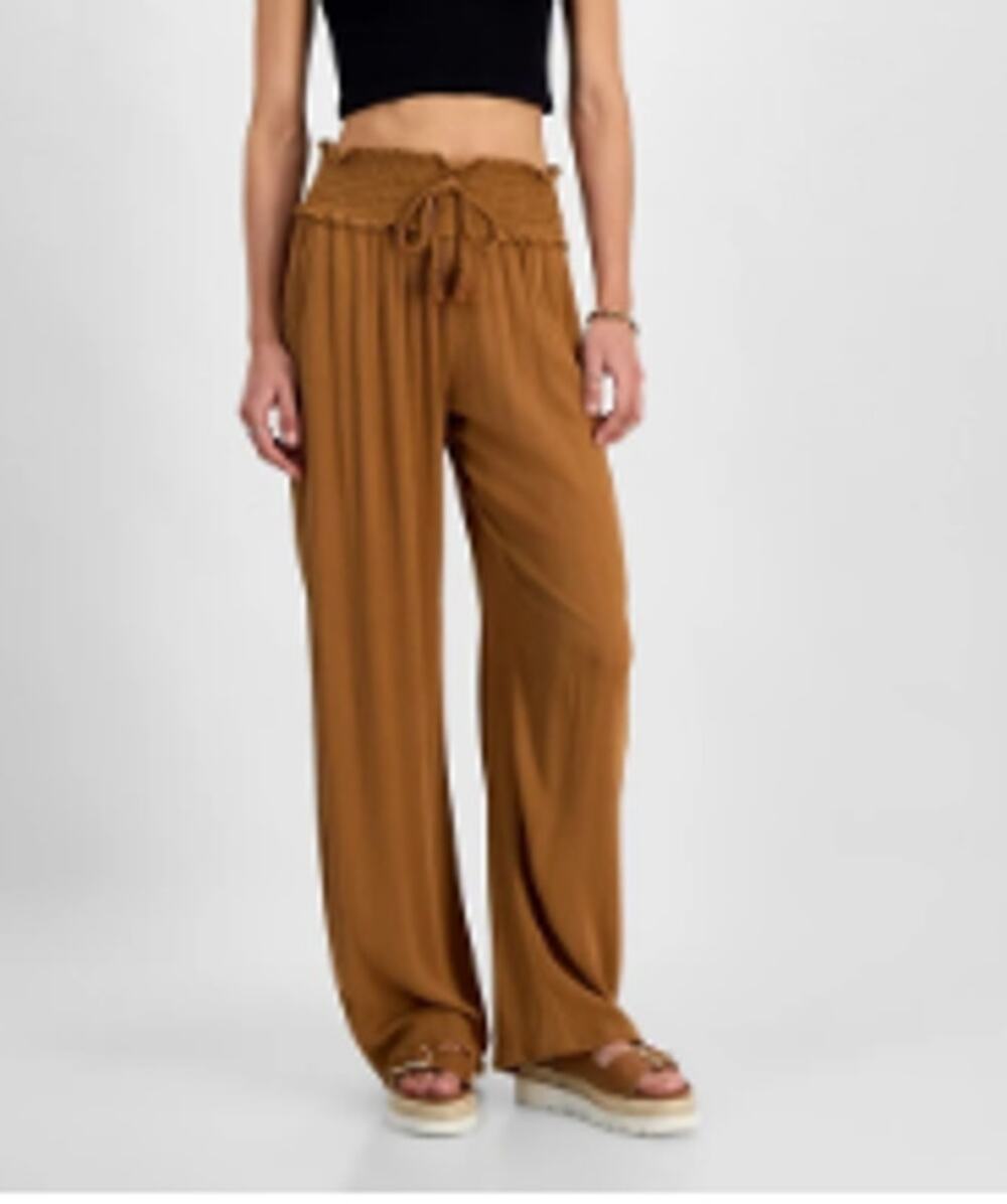Kingston Grey Juniors' Smocked Waist Brown Wide Leg Pants XS